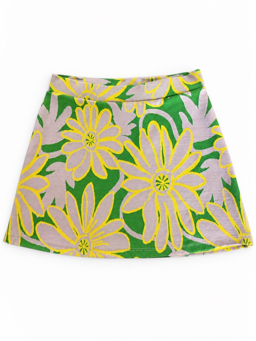 Zara Retro Floral Jacquard Knit Mini Skirt Green Yellow Size S
